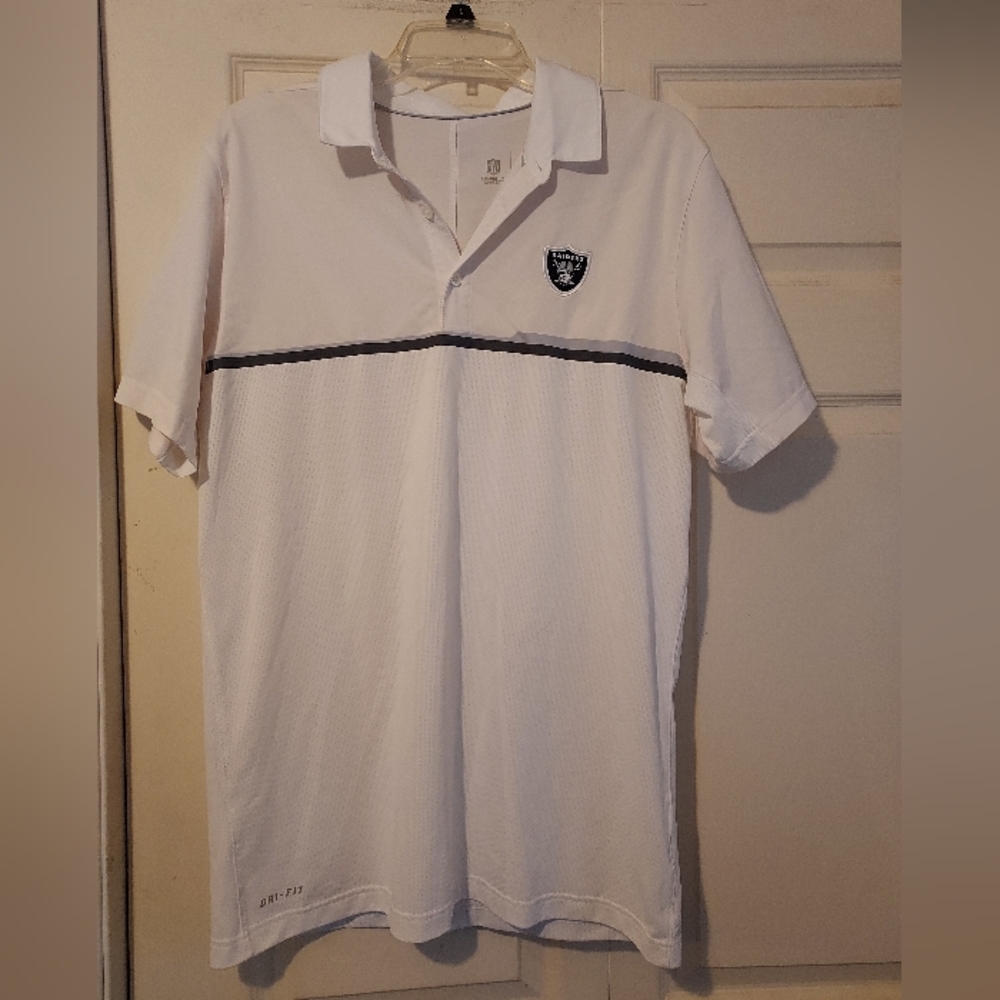 Nike DRI-FIT Raiders Polo Shirt Mens M White Gray Black Stripe Logo NFL On Field